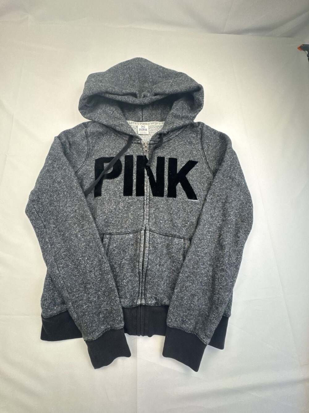 PINK Victoria's Secret Gray Marled Zip-Up Hoodie with Black Velvet Logo